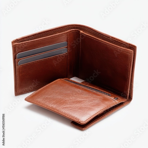 Open cognac leather wallet mockup showing card slots, ideal for marketing or product promotion.