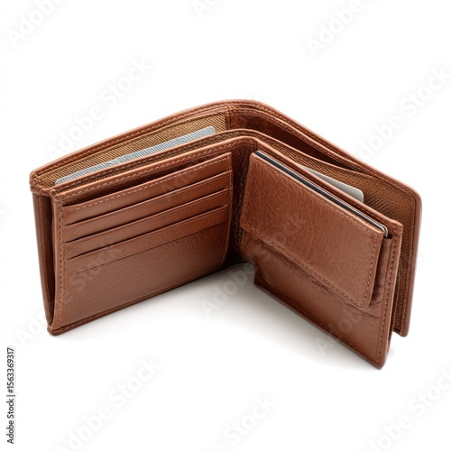 Cognac brown leather wallet mockup with open card slots and billfold, ideal for luxury branding.