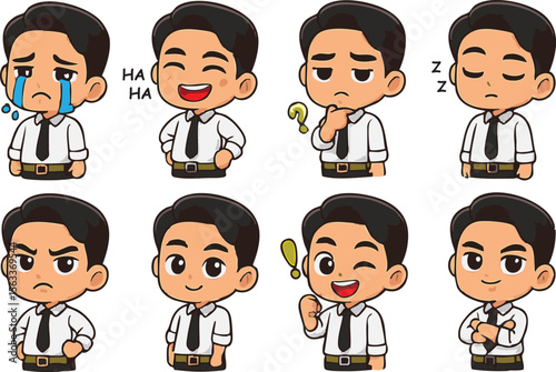 Set of business men illustrations in formal white shirts. Sticker style with various expressions. cute kawaii. Flat Vectors