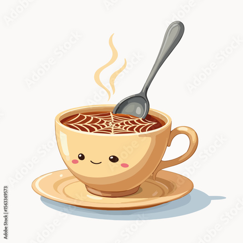 Cup of tea with spiderweb foam art presents a smiling spoon in a playful and inviting scene. Cup of tea with spiderweb design creates a festive atmosphere,