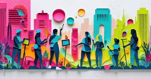 Paper cut illustration depicts diverse people presenting ideas within vibrant cityscape. Colorful buildings, foliage create dynamic backdrop.