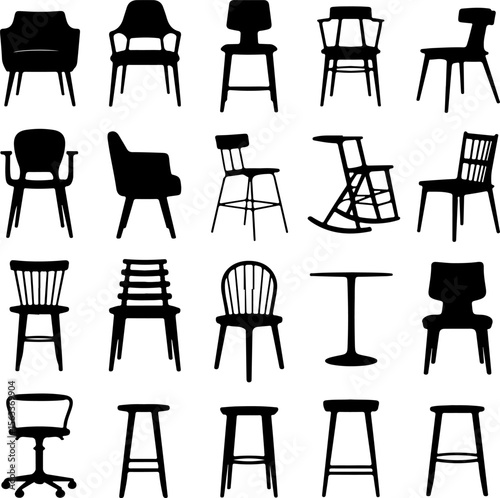 Various black chair silhouettes on white background stool armchair