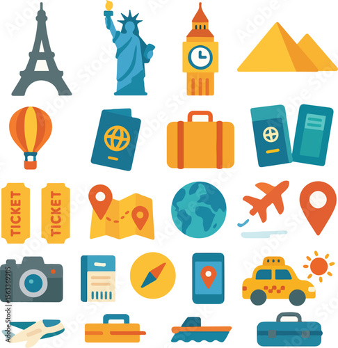 Travel and Tourism Icon Set – Colourful Flat Design for Global Adventures

