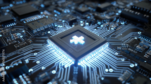 A Texas flagged microchip sits at the center of a circuit board, surrounded by glowing components, symbolizing role in technological innovation and semiconductor ...