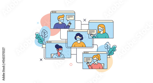 People communicating in video conference calls during a pandemic illustrating remote collaboration and social distancing practices
