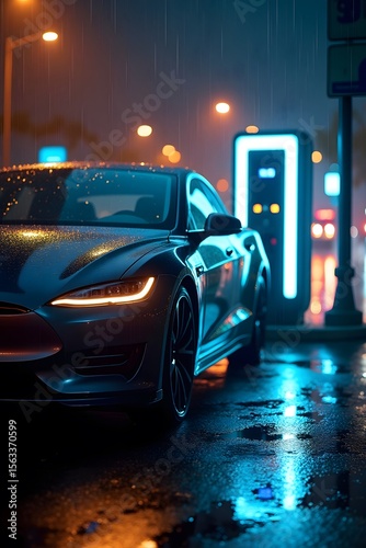 Electric Vehicle Charging in the Rain — City Lights Reflected on Wet Asphalt