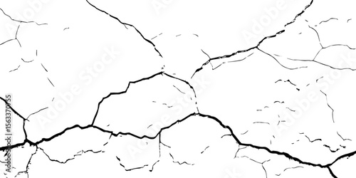 "High-resolution cracked wall texture with bold black fracture lines on a white background. Perfect for grunge designs, backgrounds, overlays, or distressed surface effects in graphic projects"