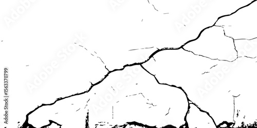 "High-resolution cracked wall texture with bold black fracture lines on a white background. Perfect for grunge designs, backgrounds, overlays, or distressed surface effects in graphic projects"