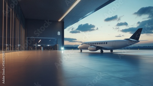 Private Jet parked in modern hangar at dusk for exclusive travel concept