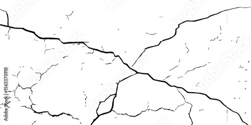 "Cracked white wall texture with black fractures and grunge lines. High-contrast background ideal for design, overlays, or abstract art concepts. Minimalist damaged surface pattern"