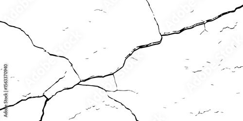 "High-resolution cracked wall texture with bold black fracture lines on a white background. Perfect for grunge designs, backgrounds, overlays, or distressed surface effects in graphic projects"