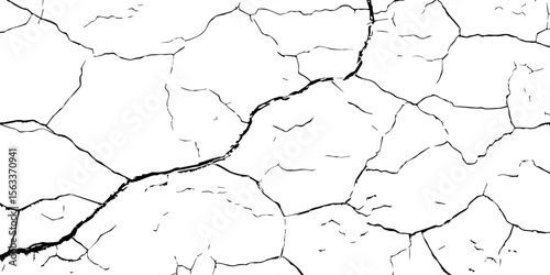 "High-resolution cracked wall texture with bold black fracture lines on a white background. Perfect for grunge designs, backgrounds, overlays, or distressed surface effects in graphic projects"
