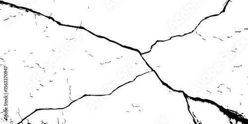"High-resolution cracked wall texture with bold black fracture lines on a white background. Perfect for grunge designs, backgrounds, overlays, or distressed surface effects in graphic projects"