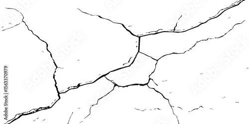 "High-resolution cracked wall texture with bold black fracture lines on a white background. Perfect for grunge designs, backgrounds, overlays, or distressed surface effects in graphic projects"