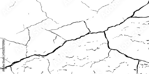 "High-resolution cracked wall texture with bold black fracture lines on a white background. Perfect for grunge designs, backgrounds, overlays, or distressed surface effects in graphic projects"