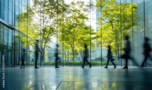Wallpaper Mural Glass office and working space with blurred people walking fast movement, Eco-friendly featuring sustainable building with green environment and trees, green environment in city Torontodigital.ca