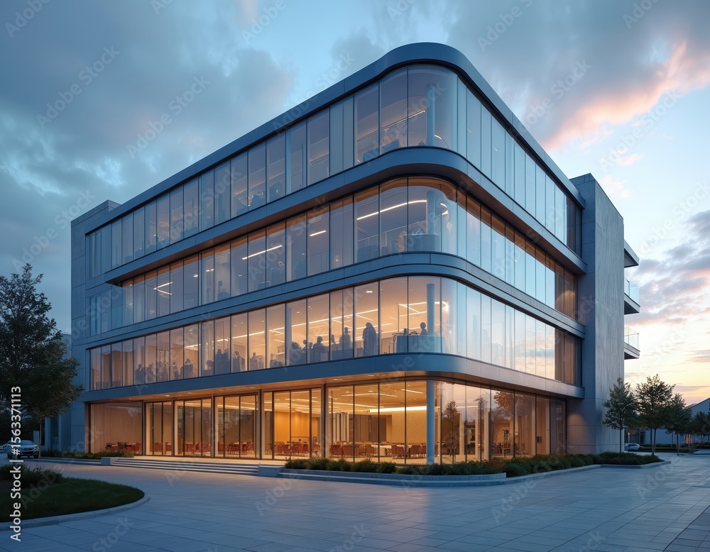 Obraz premium Modern hospital building with sleek glass, steel facade, curved lines, neutral tones. Exterior architecture exudes sophisticated cutting-edge healthcare. Modern office building with reflections of