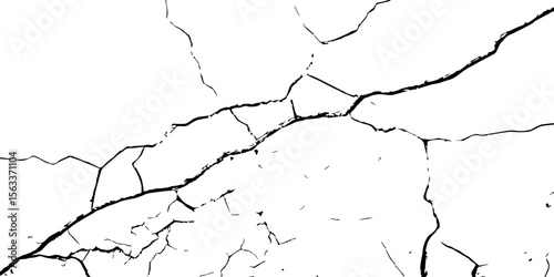 "Cracked white wall texture with black fractures and grunge lines. High-contrast background ideal for design, overlays, or abstract art concepts. Minimalist damaged surface pattern"