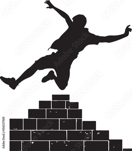 a young man doing parkour jump vector silhouette, isolated white background