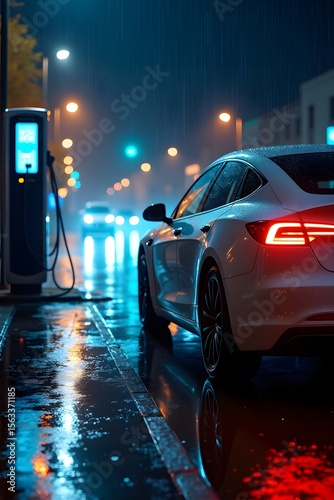 Electric Vehicle Charging in the Rain — City Lights Reflected on Wet Asphalt