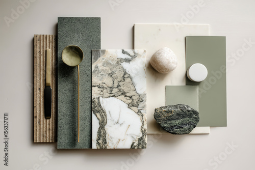 Kitchen Interior Design Mood Board. A kitchen mood board featuring natural stone, textures, and color palettes for interior design inspiration.