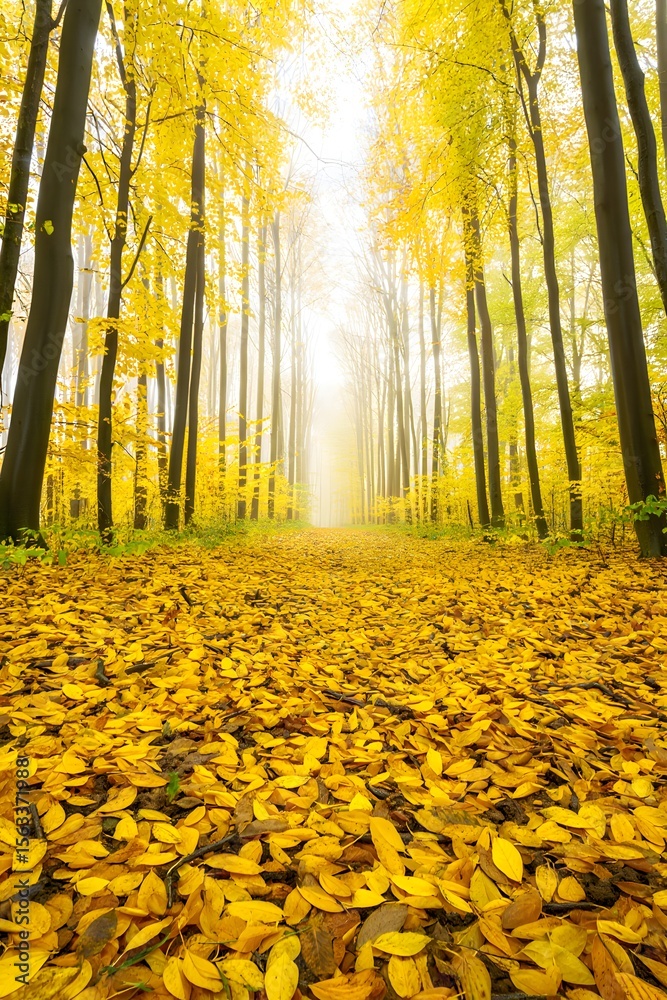 Obraz premium Autumn forest path with yellow leaves fall foliage and sunlight scenic landscape view