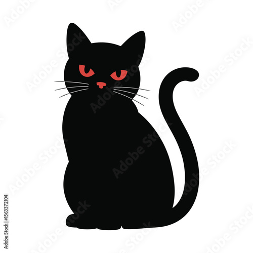 Cartoon illustration of a black cat with red eyes and a long curved tail ready for halloween