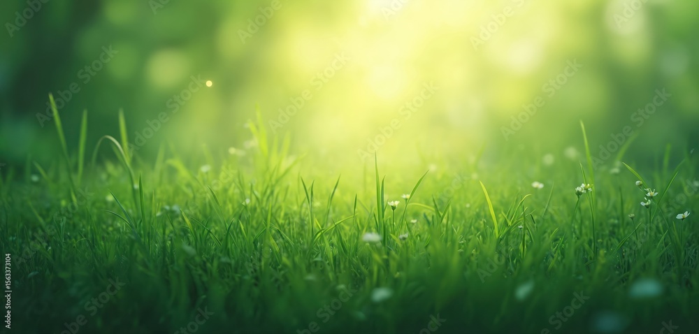 Obraz premium Abstract green nature background with grass, small white flowers in sunshine. Eco wallpaper for presentation, website, blog, banner, cover. Calm, peaceful illustration for relaxation, meditation,
