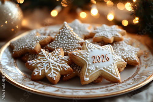 Festive holiday cookies with 2026 design on elegant plate and twinkling lights