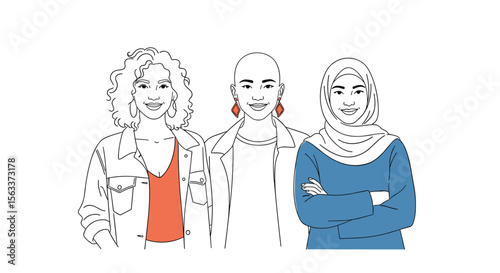 Three diverse women standing together with friendly expressions celebrating unity and collaboration PNG Transparent Background Isolated