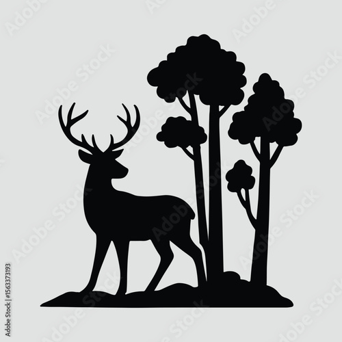 Silhouette deer with antlers standing in woodland forest vector illustration