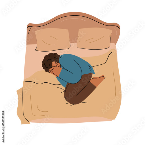 Sad woman in depression lying on bed crying isolated. Character with mental health problem. Cute vector illustration in hand drawn flat style