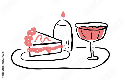 Quirky wedding party illustration isolated.  Doodle cozy dinner composition. Cute vector in hand drawn line sketch style
