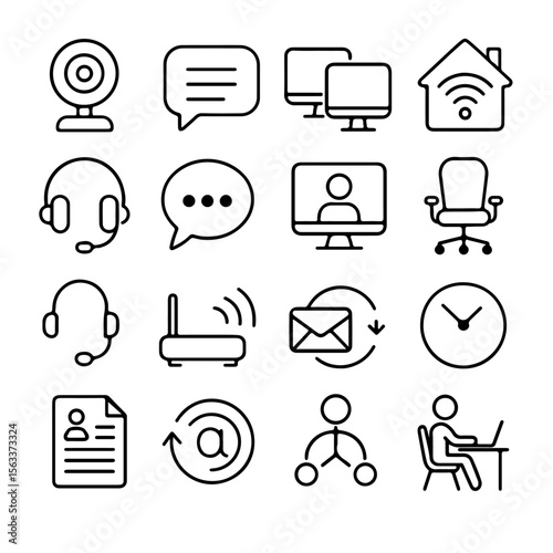 A collection of clean, streamlined icons, each representing a facet of modern digital communication and online connectivity, displayed against a simple and uncluttered backdrop. 