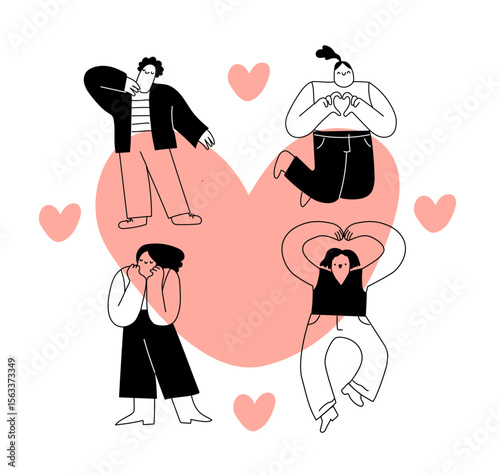 Quirky abstract people in hand drawn line art style. Set of modern man, woman expressing positive emotions, happiness. Cute vector illustration