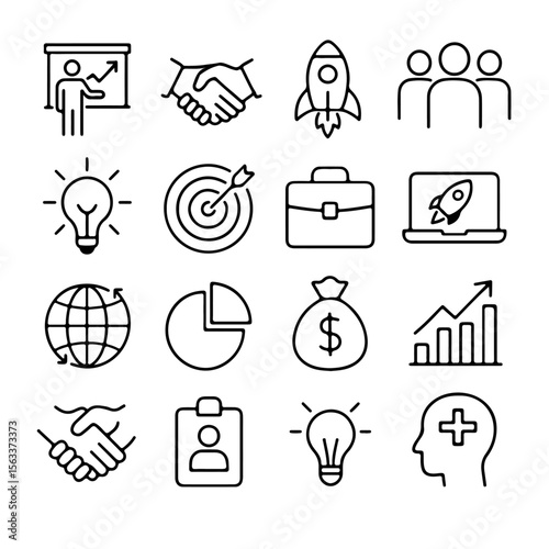 Business icons set, illustrating key concepts in business and finance, such as teamwork, strategy, and growth.