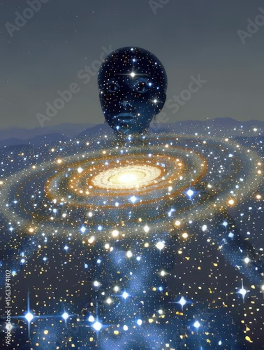 Cosmic Consciousness: A surreal image depicting a human face emerging from a swirling galaxy, symbolizing the vastness of the cosmos and the interconnectedness of existence.