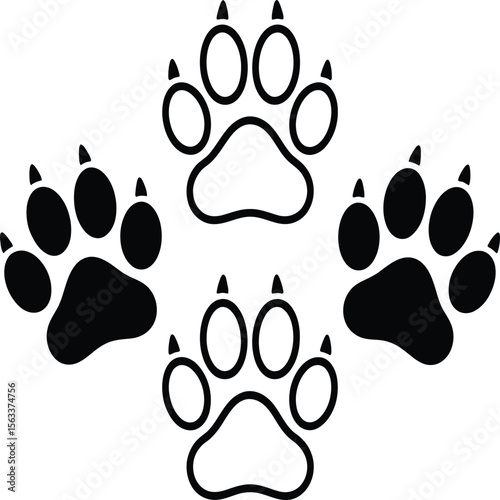 This charming illustration features a trio of animal paw prints, designed with intricate details and bold outlines.
