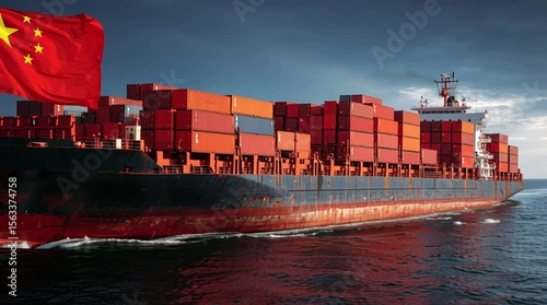 Chinese Cargo Container Ship Sailing at Sea with National Flag and Export Freight