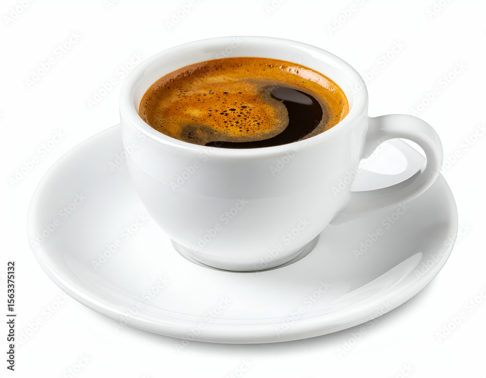 Naklejka premium A minimalist shot of rich espresso coffee with a beautiful golden crema in a clean white cup and saucer.
