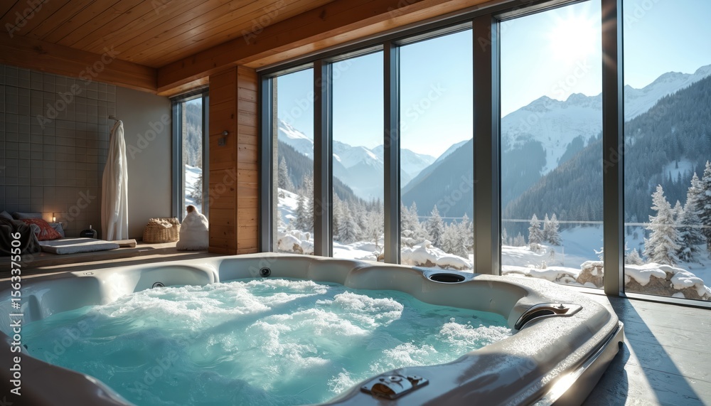 Obraz premium Jacuzzi with bubbling water inside modern spa resort hotel with winter mountain view. Relaxation wellness avocation in cold season. Hot tub water spa indoor vacation lifestyle.