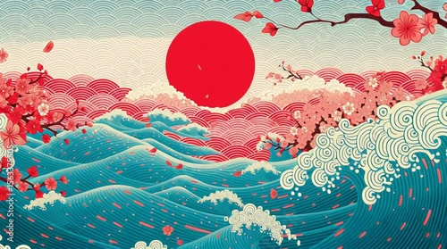 Traditional Japanese Style Illustration with Waves, Sakura Blossoms and Red Sun