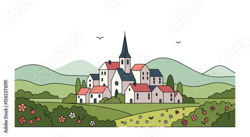 Charming Countryside Village With Rolling Hills And Blooming Flowers PNG Transparent Background Isolated