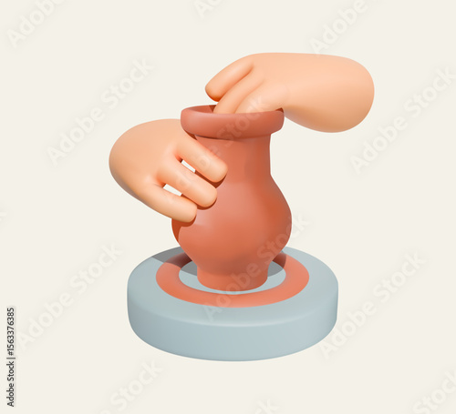 3D Illustration of Pottery Wheel and Hands Shaping Clay