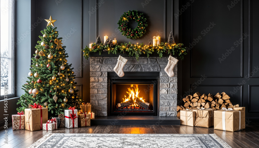 Obraz premium Fireplace with holiday decorations