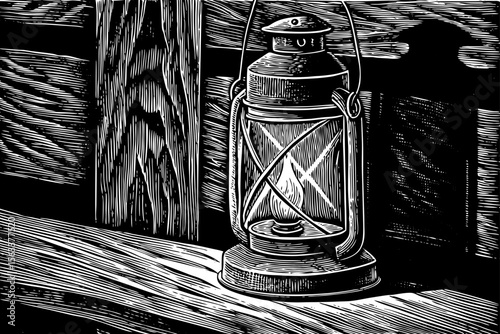 rustic lantern with a flickering flame inside, suitable for camping designs, vintage posters or cozy product branding a black and white line art illustration