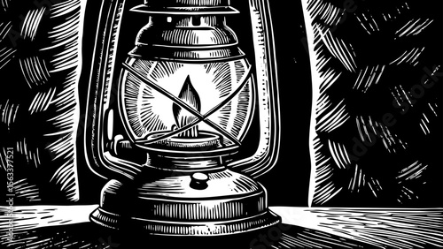 rustic lantern with a flickering flame inside, suitable for camping designs, vintage posters or cozy product branding a black and white line art illustration