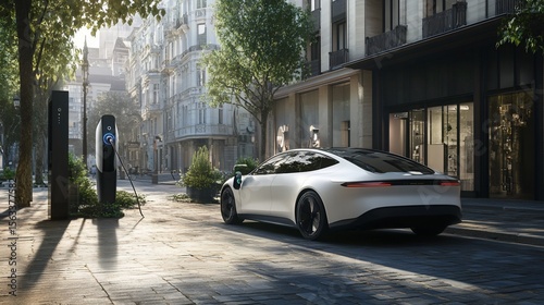 Electric vehicle charging on a European street with a modern aesthetic