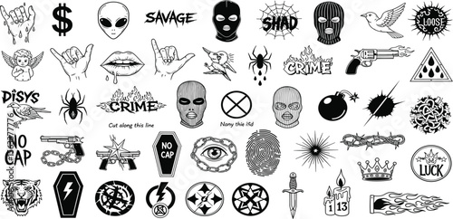 Crime elements, graphic set gang tattoo, brutalism elements, trendy urban symbols, y2k, abstract geometric shapes, gangsta tattoo. Typographic, t-shirt, streetwear, prints underground graphic box