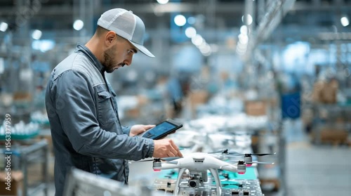 Engineer Working on Drone Assembly Line with Tablet in High-Tech Factory